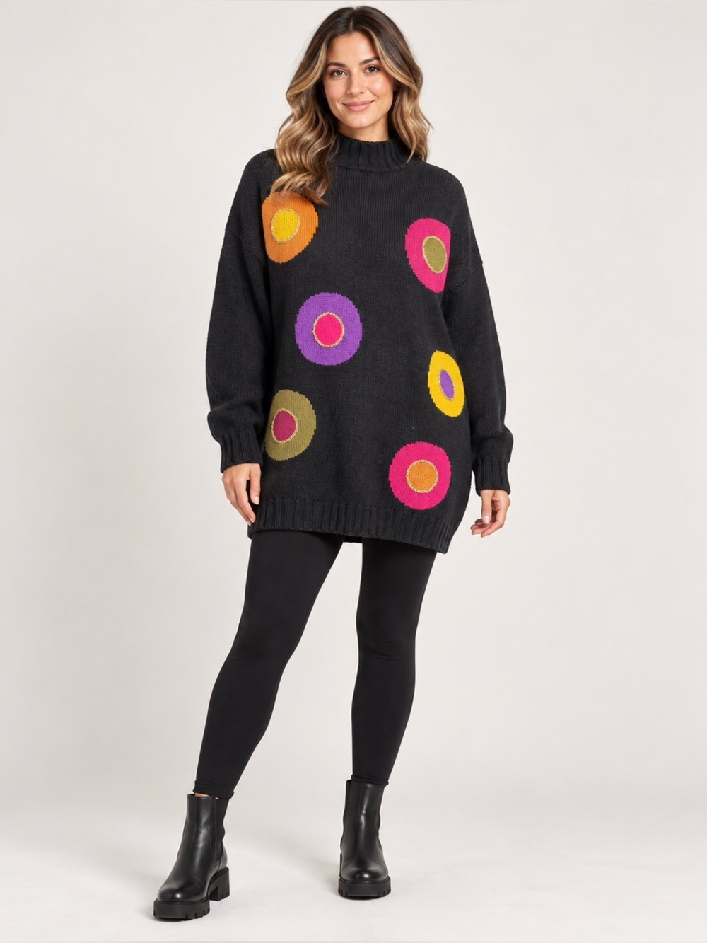 Hunt’s Club vintage 90’s Oversized Black Sweater with Colorful Dot Motif size L